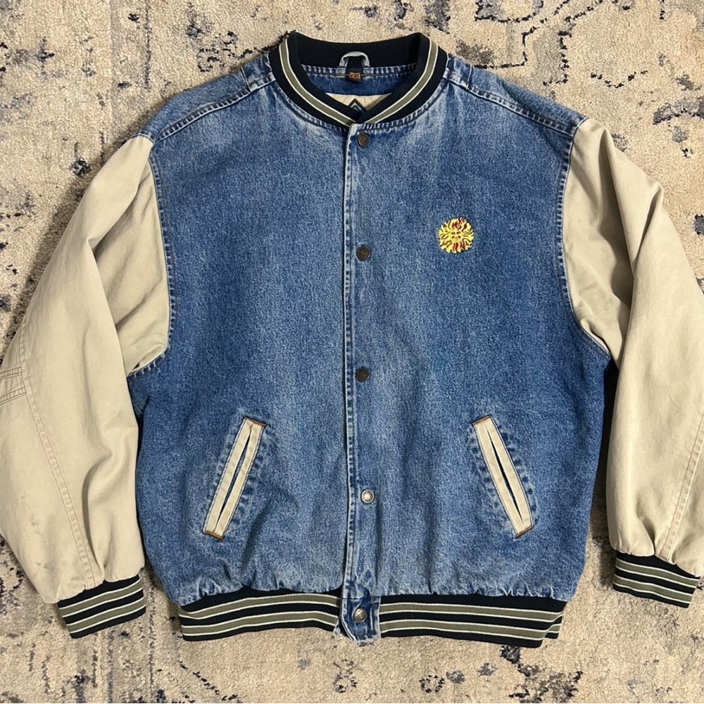 Vintage Denim Varsity Jacket with Beige Sleeves